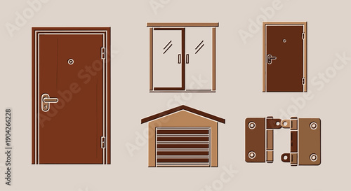 Exterior Door and Hardware Component Icons Featuring Main Entry Sliding Glass and Garage Door Designs with Heavy Duty Hinge for Building Security Access.