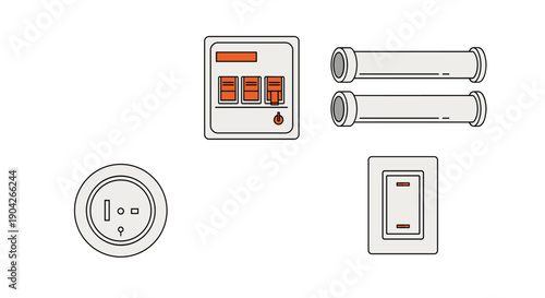 Residential Electrical System Component Icons Featuring Socket Breaker Panel Conduit and Light Switch for Home Power Distribution and Wiring Diagrams.