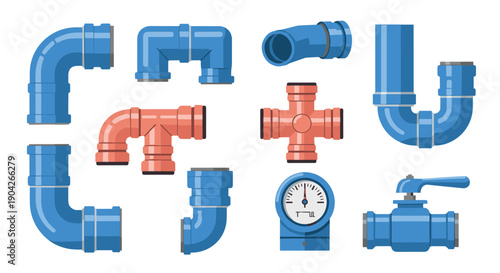 Industrial Plumbing System Component Icons Showcasing Blue and Red Pipe Fittings Control Valves and Pressure Gauges for Commercial Building Utility Networks.