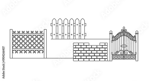 Property Boundary and Security Fence Icons Featuring Chain Link Wood Picket Masonry Wall and Decorative Gate for Architectural Site Planning and Design.