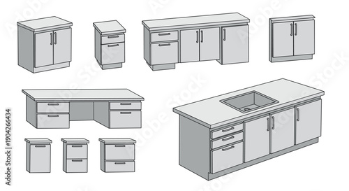 Modern Kitchen Cabinetry and Layout Icons Featuring Base Units Wall Cabinets and Island with Sink for Interior Design and Home Remodeling Presentations.
