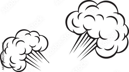Comic book explosion clouds and smoke puff effects, hand-drawn black line art steam or dust clouds with speed lines, decorative action elements for manga