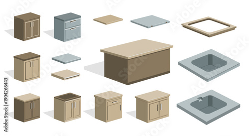 Isometric Kitchen Cabinet and Countertop Component Icons Featuring Various Storage Units and Sinks for Modular Kitchen Design and Space Planning Layouts.