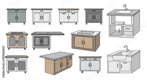 Diverse Kitchen Cabinet Styles and Island Configuration Icons Featuring Storage Units and Farmhouse Sinks for Home Improvement and Interior Design Projects.