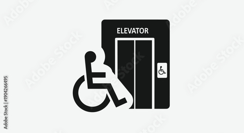 Elevator Accessibility and Disability Access Icon Featuring Wheelchair User Symbol and Elevator Doors for Inclusive Building Design and Signage Documentation.