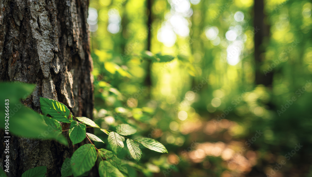 Fototapeta premium Sunlit lush green forest scene with vibrant leaves, textured tree bark, and dappled sunlight filtering through dense canopy