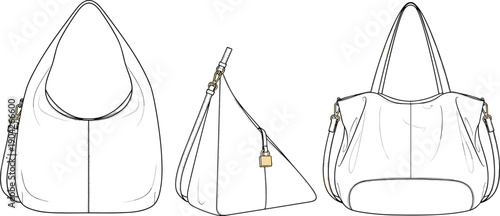 Women Hobo Shoulder Bag Technical Flat Sketch, Leather Tote Handbag Front Side View, CAD Drawing Flat Vector Illustration, Fashion Accessory Template