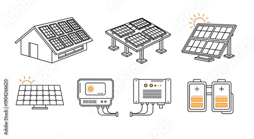 Solar Energy System Component Icons Featuring House Panels Ground Mount Inverter and Battery Storage for Renewable Power and Sustainability Presentations.