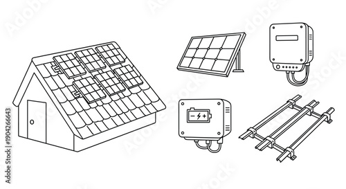 Sustainable Solar Energy System Icons Featuring House Panels Portable Unit Inverter and Mounting Rail for Renewable Power Integration and Green Building Design.