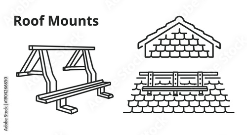 Residential Solar Panel Roof Mount Icons Featuring Installation Brackets and Structural Details on Shingle Roofing for Clean Energy Building Projects.
