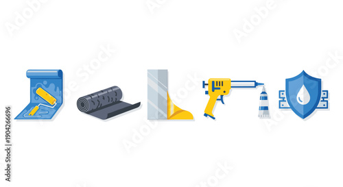 Professional Building Waterproofing and Insulation Icons Featuring Sealant Roll Membrane and Protective Shield Symbols for Construction Material Graphics.