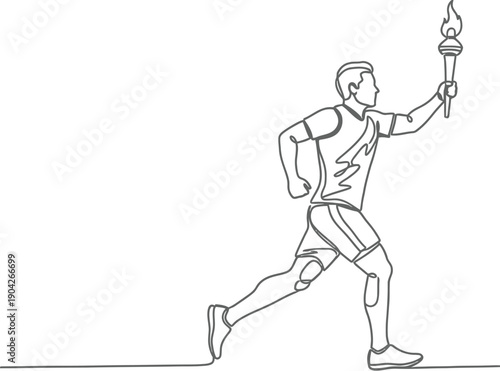 Athlete runs triumphantly holding the Olympic style torch high above his head during a continuous line drawing marathon event