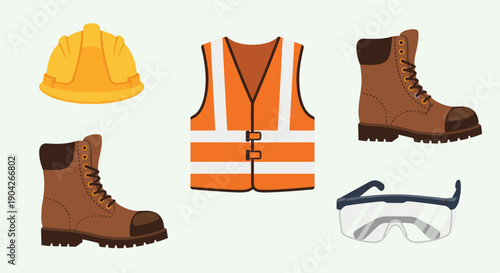 Essential Construction Safety Gear Set Including Hard Hat High Visibility Vest Leather Work Boots and Protective Eyewear for Workplace Compliance Illustration.