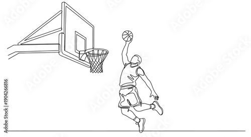 Minimalist continuous line drawing illustrates an athletic basketball player soaring high above the court attempting an impressive slam dunk toward the net