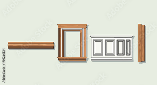 Architectural Wood Trim and Wall Paneling Details Showing a Window Frame Baseboard and Crown Molding Elements for Interior Design and Carpentry Concepts.