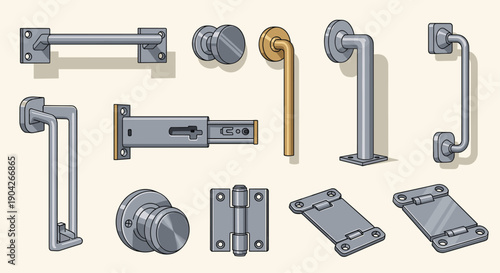Functional Door and Cabinet Hardware Selection Displaying Metal Pulls Knobs Sliding Latches and Hinges for Furniture Design and Home Renovation Projects.