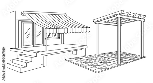 Exterior House Feature Illustration Displaying a Patio with Awning Stairs and a Freestanding Pergola on a Tiled Surface for Modern Landscape Design Inspiration.