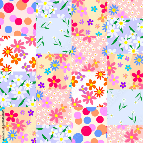Floral seamless patchwork pattern from square patches with flowers and dots. Colorful summer print.