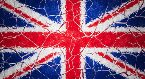 Abstract texture background featuring the patriotic red, white, and blue colors of the United Kingdom's national flag design interpreted with a cracked ice or shattered glass effect overlay.