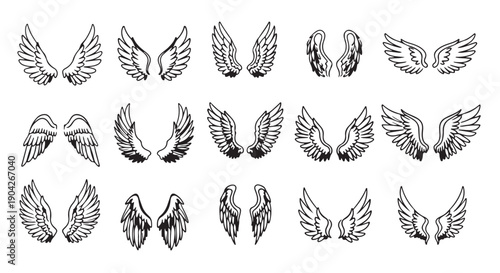 Angel wings in various hand drawn designs with black ink on white background for tattoo design