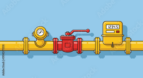 Industrial Gas Pipeline Section Featuring a Yellow Pipe with Pressure Gauge Red Control Valve and Digital Meter for Energy Infrastructure and Utility Management.