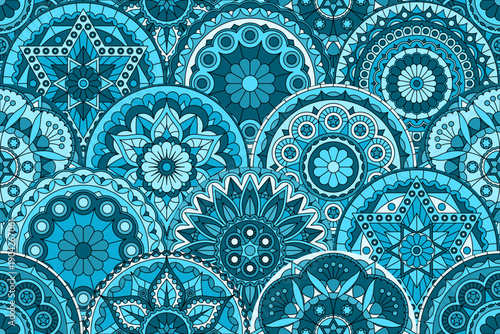 Turquoise  seamless patchwork pattern with mandalas in ethnic style. Vector decorative ornament.