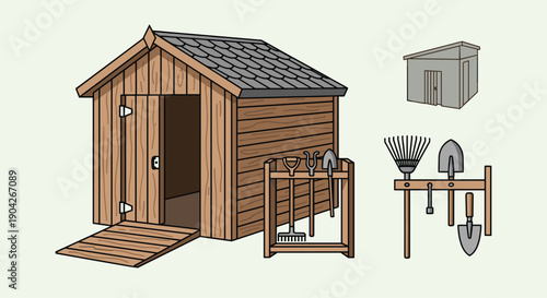 Garden Maintenance Equipment Set Featuring a Wooden Shed with Ramp Storage Racks Shovels and Rakes for Backyard Organization and Horticulture Projects.