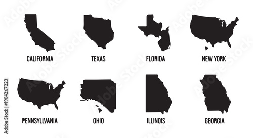 Silhouettes of US state maps in black on white background for geographic illustration