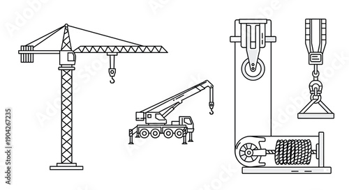 Heavy Lifting Machinery Icons Featuring a Tower Crane Truck Crane Winch and Pulley Systems for Large Scale Construction and Industrial Engineering Concepts.