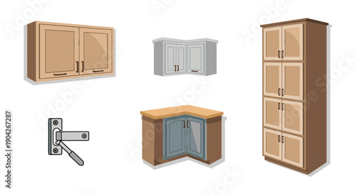 Modern Kitchen Cabinet Selection Featuring Upper Units Corner Cabinets and a Tall Pantry with Soft Close Hinge Detail for Interior Design and Remodeling Planning.