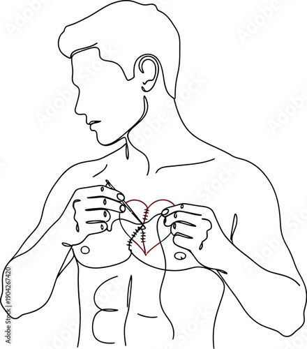 Stylized single line drawing depicts a man carefully stitching a broken heart shape on his chest symbolizing emotional recovery and healing after a painful experience.