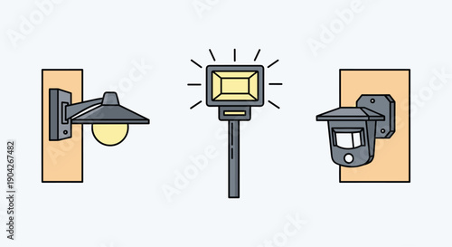 Outdoor Lighting Fixtures Set Featuring a Wall Sconce Floodlight and Motion Sensor Light for Residential Security and Exterior Illumination Design.