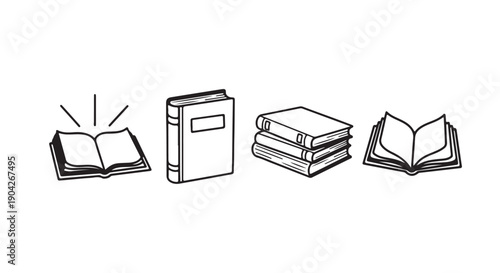 Open books and notebooks in simple line art style with bold black lines on white background for education