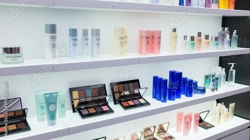 Wide variety of makeup and skincare products on display on shelves