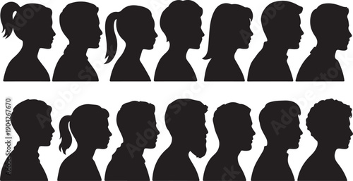 Vector silhouette of set of profile face of different people