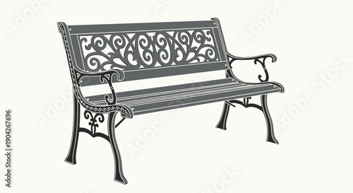 Elegant Ornate Metal Garden Bench with Scrollwork Details and Decorative Armrests for Classic Landscape Architecture and Park Design Projects.