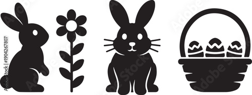 Vector Silhouette Set of Easter Symbols Bunny Rabbit Egg and Basket with Eggs