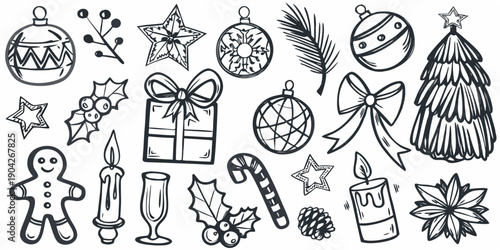 A collection of hand drawn christmas ornaments and festive seasonal decorations