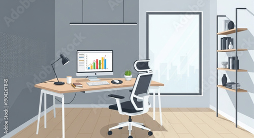 Modern office workspace with computer and desk.