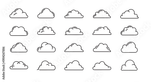Cloud Icons in Minimalist Style with Simple Line Art in Gray on White Background for Weather App