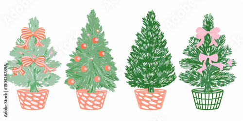 Four decorated christmas trees in pots a festive holiday illustration