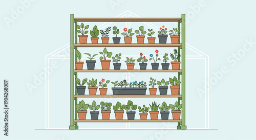 Organized Greenhouse Rack Displaying Rows of Potted Plants and Seedlings for Commercial Nursery and Spring Planting Season Promotion.