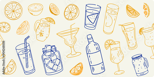 Hand drawn citrus fruits and refreshing summer drinks pattern