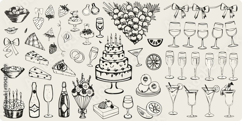 A collection of hand drawn desserts fruits and celebratory drinkware