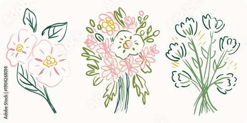 Three hand drawn floral bouquets with delicate pink white and green tones