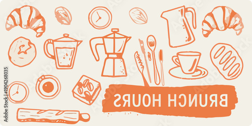 A charming illustration of breakfast items including pastries coffee and bread