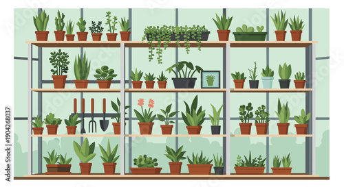 Lush Greenhouse Shelves Filled with Potted Plants Flowers and Gardening Tools for Horticulture Education and Botanical Hobby Illustration.