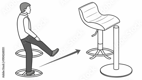Man stepping onto round platform stool with arrow indicating motion