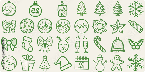 Collection of hand drawn green holiday and winter themed icons