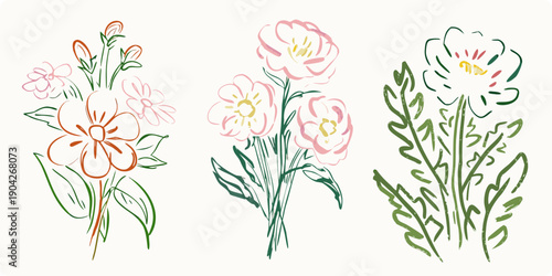 Delicate floral sketches featuring colorful blooms and green foliage